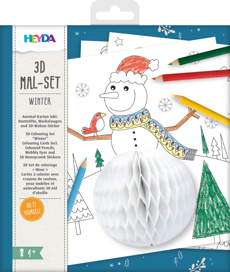 3D Malset Winter - 4 Karten mit Buntstiften & 3D-Stickern