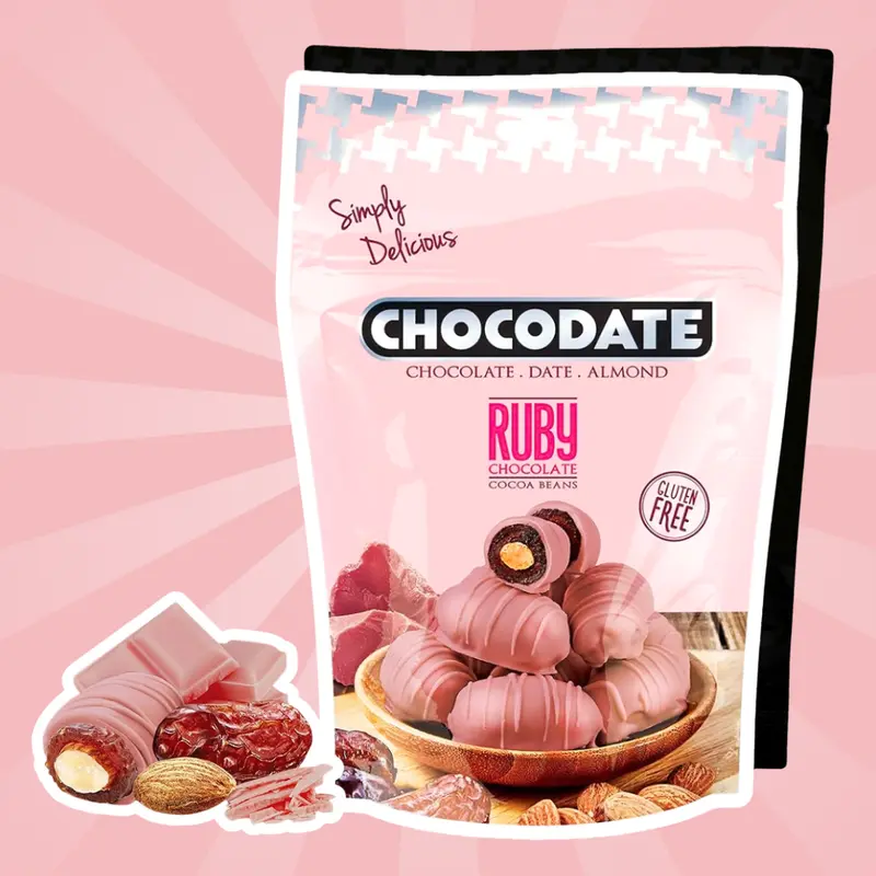 Chocodate Ruby – Datteln mit Ruby-Schokolade & Mandeln (90 g)